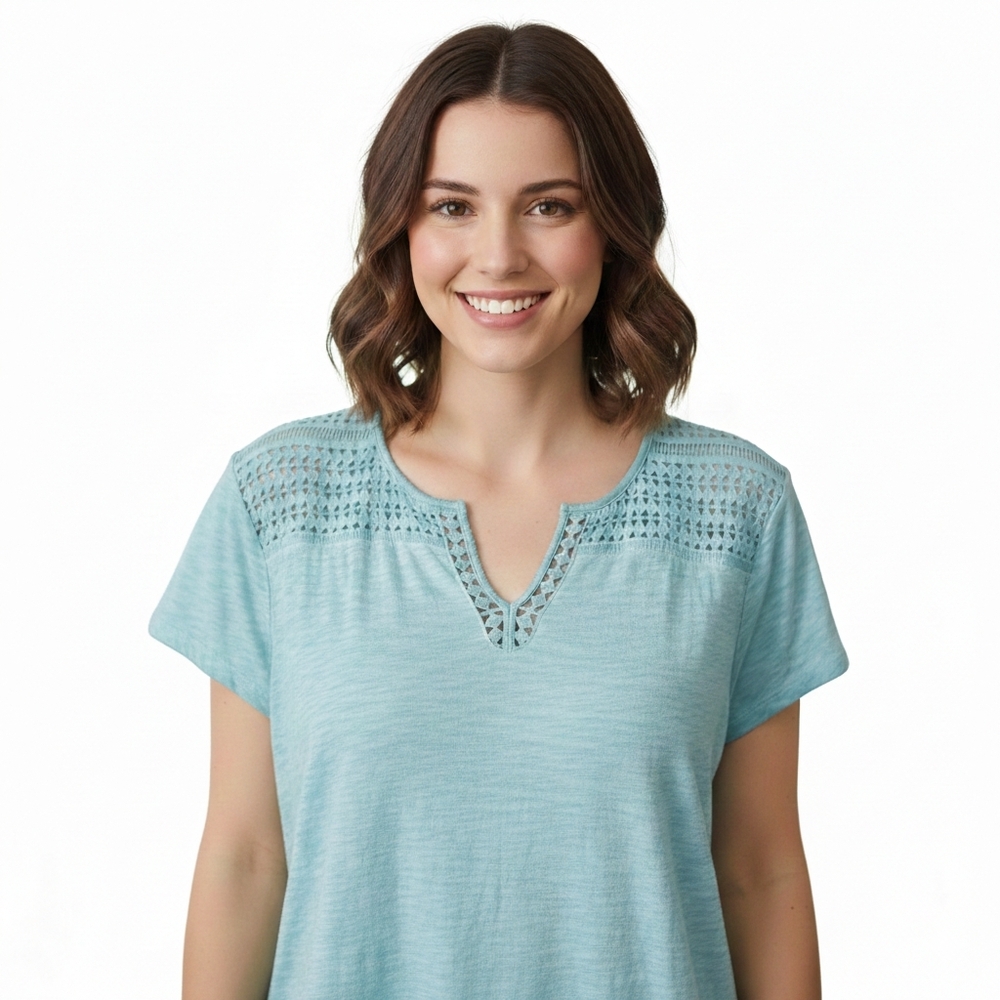 Tribal Jeans  Crochet T-shirt Blue Green SZ L